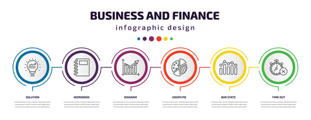 business and finance infographic template with icons and 6 step or option. business and finance icons such as solution, workbook, diagram, graph pie, bar stats, time out vector. can be used for