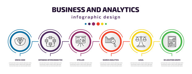 business and analytics infographic template with icons and 6 step or option. business and analytics icons such as dress code, database interconnected, stellar, search analytics, legal, 3d location