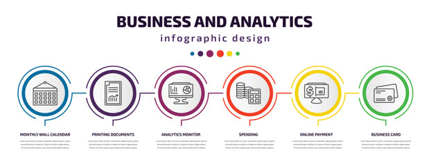 business and analytics infographic template with icons and 6 step or option. business and analytics icons such as monthly wall calendar, printing documents, analytics monitor, spending, online