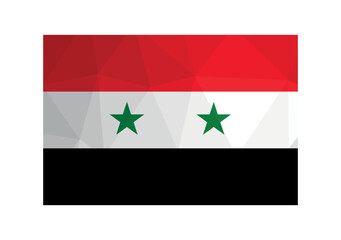Vector illustration. Official symbol of Syria. National flag iwith red, white, black stripes and green stars. Creative design in low poly style with triangular shapes
