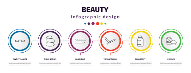 beauty infographic template with icons and 6 step or option. beauty icons such as two eyelashes, three stones, bobby pins, vintage razor, deodorant, powder vector. can be used for banner, info