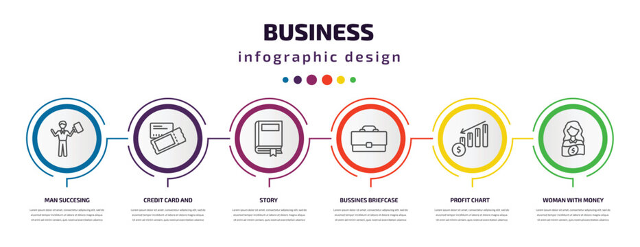 Business Infographic Template With Icons And 6 Step Or Option. Business Icons Such As Man Succesing, Credit Card And Ticket, Story, Bussines Briefcase, Profit Chart, Woman With Money Vector. Can Be