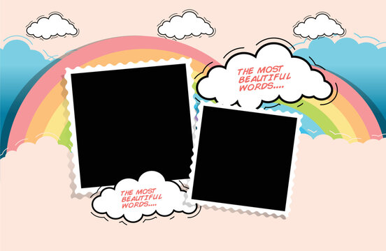 Two photo frames, Rainbow above clouds background, Cute rainbow and cloud in pastel colors background