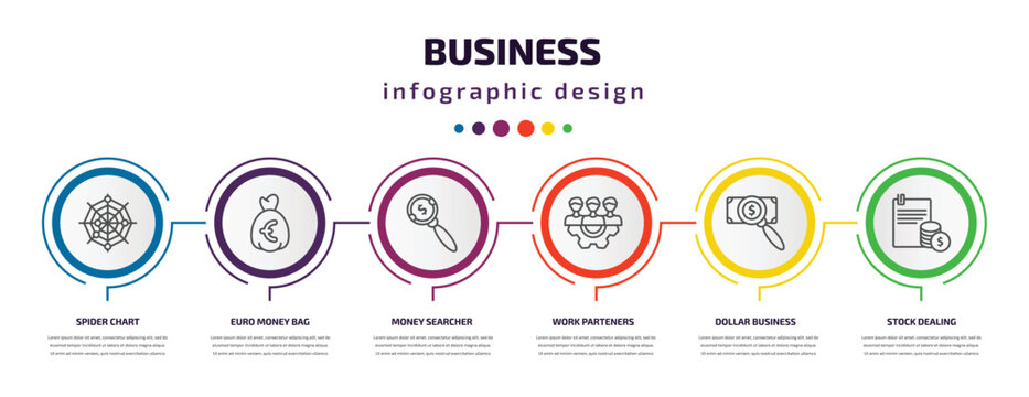 business infographic template with icons and 6 step or option. business icons such as spider chart, euro money bag, money searcher, work parteners, dollar business search, stock dealing vector. can