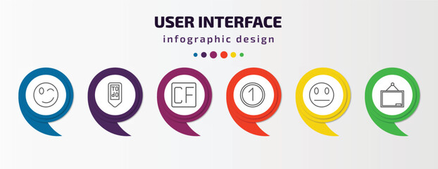 user interface infographic template with icons and 6 step or option. user interface icons such as wink smile, to do, cf, number, sceptic smile, blackboard with vector. can be used for banner, info