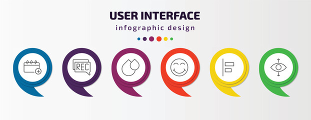user interface infographic template with icons and 6 step or option. user interface icons such as add event, recording conversation, big and small drops, joyful smile, object alignment, perspectives