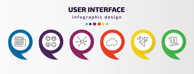 user interface infographic template with icons and 6 step or option. user interface icons such as newspaper folded, the of, nuclear cells, disconnected chains, paper bird, one hundred vector. can