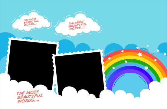 Concept of a colorful rainbow, cloud in pastel colors background, blue, Photo frames for good memories together