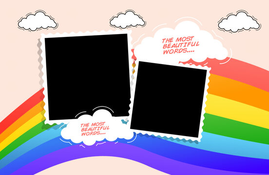 Cute rainbow with photo, clouds background, Rainbow covered in clouds and sky background, Photo frames set, for special and funny moments