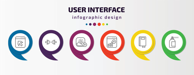 user interface infographic template with icons and 6 step or option. user interface icons such as direct selection, opposition, insert picture, disconnect, ribbon from a book, spray paint vector.