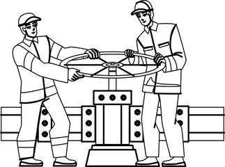 pipeline workers line pencil drawing vector. gas oil pipe engineer, factory industry, work energy pipeline workers character. people Illustration