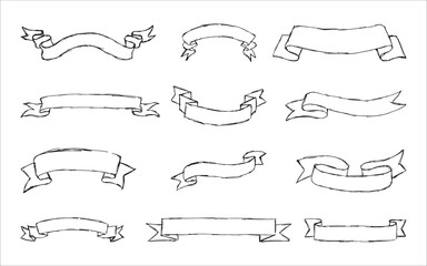 Hand drawn set of different ribbons. Design elements for greeting cards, banners, invitations. Sketch, vector illustration