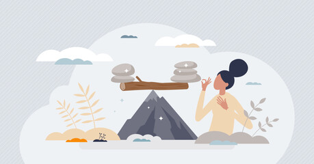 Balance of nature as climate sustainability and harmony tiny person concept. Equilibrium with all processes as weight with pebbles vector illustration. Planet ecology and fragile earth stability. - obrazy, fototapety, plakaty
