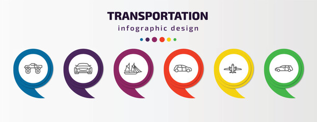 transportation infographic template with icons and 6 step or option. transportation icons such as monster truck, car frontal view, schooner, compact car, airliner, hatchback vector. can be used for © Farahim