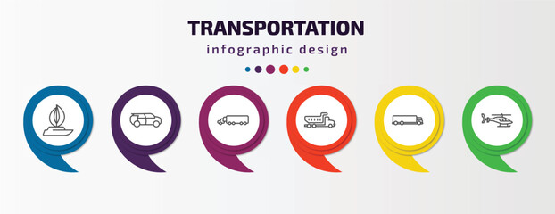 transportation infographic template with icons and 6 step or option. transportation icons such as sailboat, eco-friendly transport, eighteen-wheeler, litter car, truck, helicopter profile vector.
