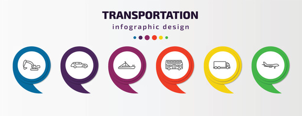 transportation infographic template with icons and 6 step or option. transportation icons such as excavators, hearse, pt boat, double decker bus, lorry, jumbo jet vector. can be used for banner, - obrazy, fototapety, plakaty