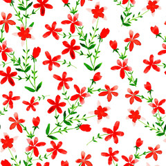 Watercolor red flowers on a white background. Seamless pattern.