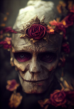 3d illustration of a horror skull with red roses. Halloween concept. 