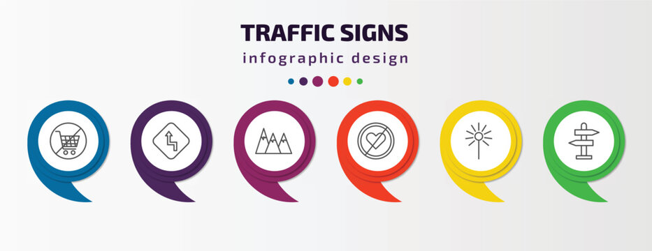 traffic signs infographic template with icons and 6 step or option. traffic signs icons such as no shopping cart, curves, hill, lovemaking, laser, road vector. can be used for banner, info graph,