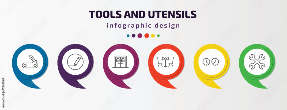 Poster tools and utensils infographic template with icons and 6 step or option. tools and utensils icons su