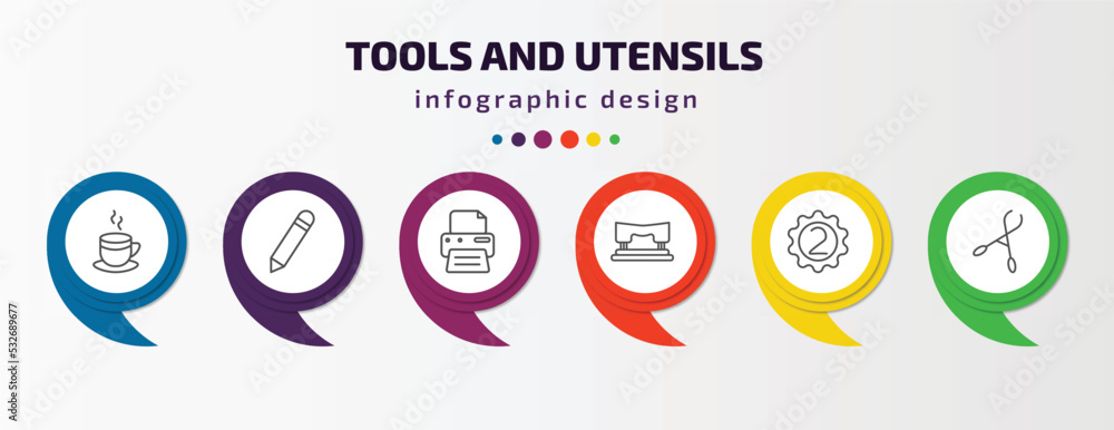 Poster tools and utensils infographic template with icons and 6 step or option. tools and utensils icons su