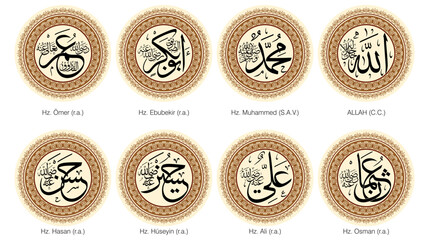 Allah (c.c), Muhammed (s.a.v), Ebubekir, Ömer, Osman, Ali, Hasan, Hüseyin vector arabic text, 4 rashidun caliphs's name plates decorates. Arabic Calligraphy Art. - obrazy, fototapety, plakaty