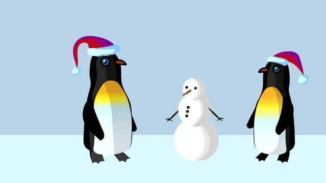 Penguins are building snowman, hand-drawn animation. Festive video