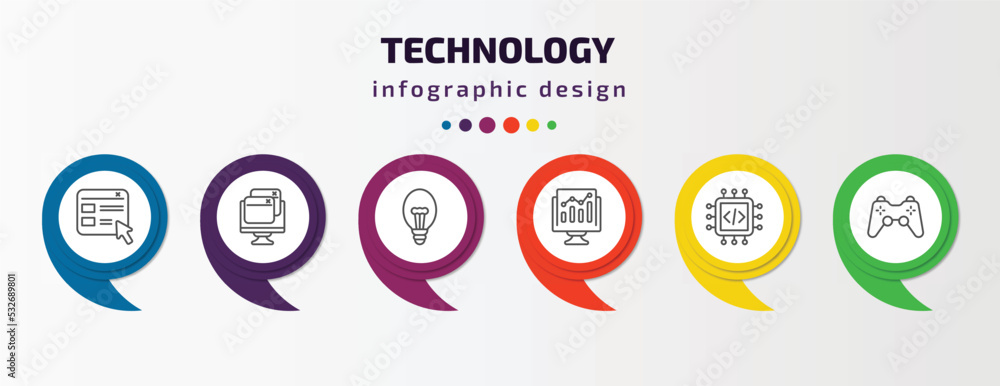Poster technology infographic template with icons and 6 step or option. technology icons such as selector, 