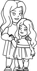 girl sister line pencil drawing vector. happy young family, woman love, fun lifestyle, beautiful portrait, child smile happiness girl sister character. people Illustration