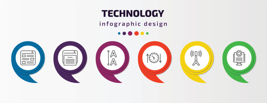 Technology Infographic Template With Icons And 6 Step Or Option. Technology Icons Such As Mood Board, Declarations, Leading, Uptime And Downtime, Internet Value, Ide Vector. Can Be Used For Banner,