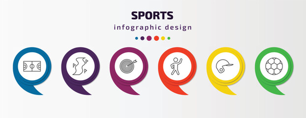 sports infographic template with icons and 6 step or option. sports icons such as basketball court, slalom, bullseye, stretching, baseball helmet, soccer football ball vector. can be used for