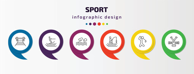 sport infographic template with icons and 6 step or option. sport icons such as work bench, surf sea, swimming, fishing man, golf player, ice hockey vector. can be used for banner, info graph, web,