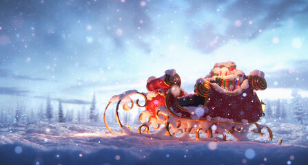 Christmas sleigh with presents and gifts in snow winter scene - obrazy, fototapety, plakaty