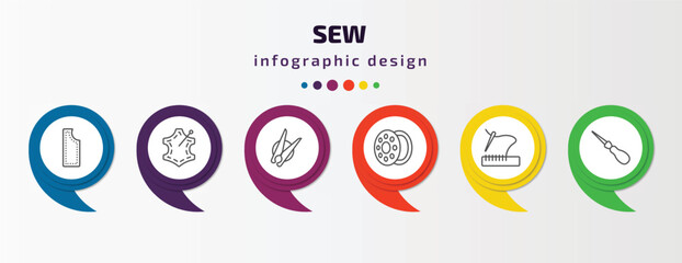 sew infographic template with icons and 6 step or option. sew icons such as material, leather, clothespin, bobbin, stiching, awl vector. can be used for banner, info graph, web, presentations.
