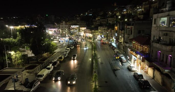 Aerial footage on a busy boulevard downtown Amman.