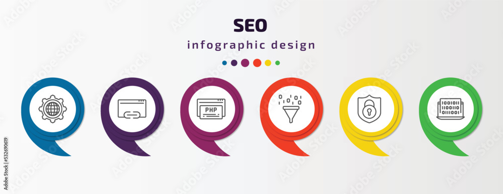 Poster seo infographic template with icons and 6 step or option. seo icons such as cyberspace, hyperlink, p