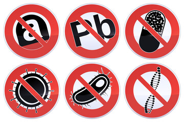 Collection of red, black and white circular sign prohibiting drugs, viruses, bacteria, lead, asbestos and genetic mutations (metal reflection)
