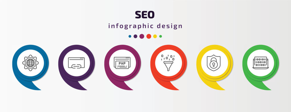 seo infographic template with icons and 6 step or option. seo icons such as cyberspace, hyperlink, php, seo funnel, encryption, binary code vector. can be used for banner, info graph, web,