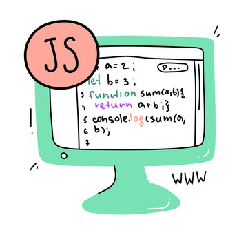 Hand drawn illustration of a computer with java script code. Web development concept