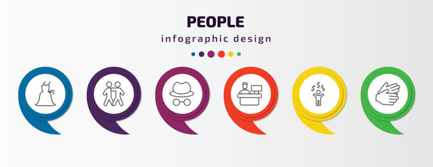 people infographic template with icons and 6 step or option. people icons such as bridesmaids, hugging, hat and glasses, assembler, man with money, partners claping hands vector. can be used for