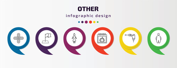 other infographic template with icons and 6 step or option. other icons such as interlock, milestone, japanese demon, pumpkin calendar, tattoo hine, overweight vector. can be used for banner, info