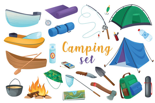 Camping 3d realistic set. Vector illustration isolated elements