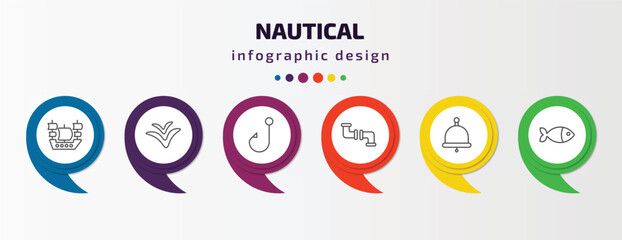 nautical infographic template with icons and 6 step or option. nautical icons such as old galleon, seagull, bait, pipe, boat bell, fish facing right vector. can be used for banner, info graph, web,