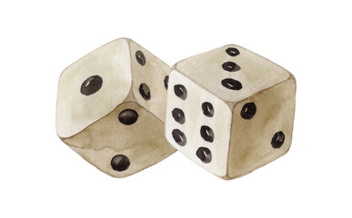 Two watercolor golden dice cubes, icon isolated on white background. Concept win and casino gambling. Cartoon realistic design. Watercolor illustration.