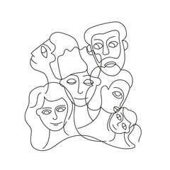 People's heads, stylized minimalism, black line drawing.