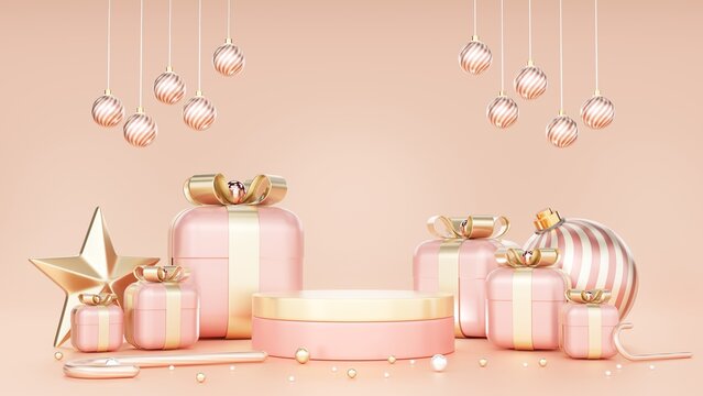 3d rendering Merry New Year and Merry Christmas 2023 Pink gift boxes with golden bows and gold candy and decoration ball and Gold star Podium,products Display For Holiday Promotion