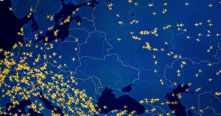 Time lapse of busy air traffic over map on digital screen.
