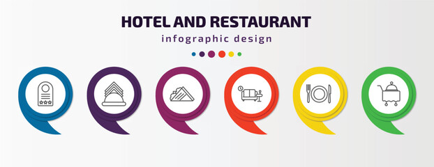 hotel and restaurant infographic template with icons and 6 step or option. hotel and restaurant icons such as door hanger, napkins, sandwich, lounge, meal, room service vector. can be used for