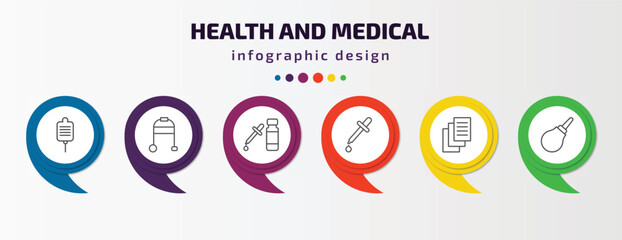 health and medical infographic template with icons and 6 step or option. health and medical icons such as salt, medical walker, serum, pipette, records, enema vector. can be used for banner, info