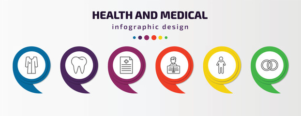 health and medical infographic template with icons and 6 step or option. health and medical icons such as patient robe, teeth, medical file, x ray, body, rings vector. can be used for banner, info
